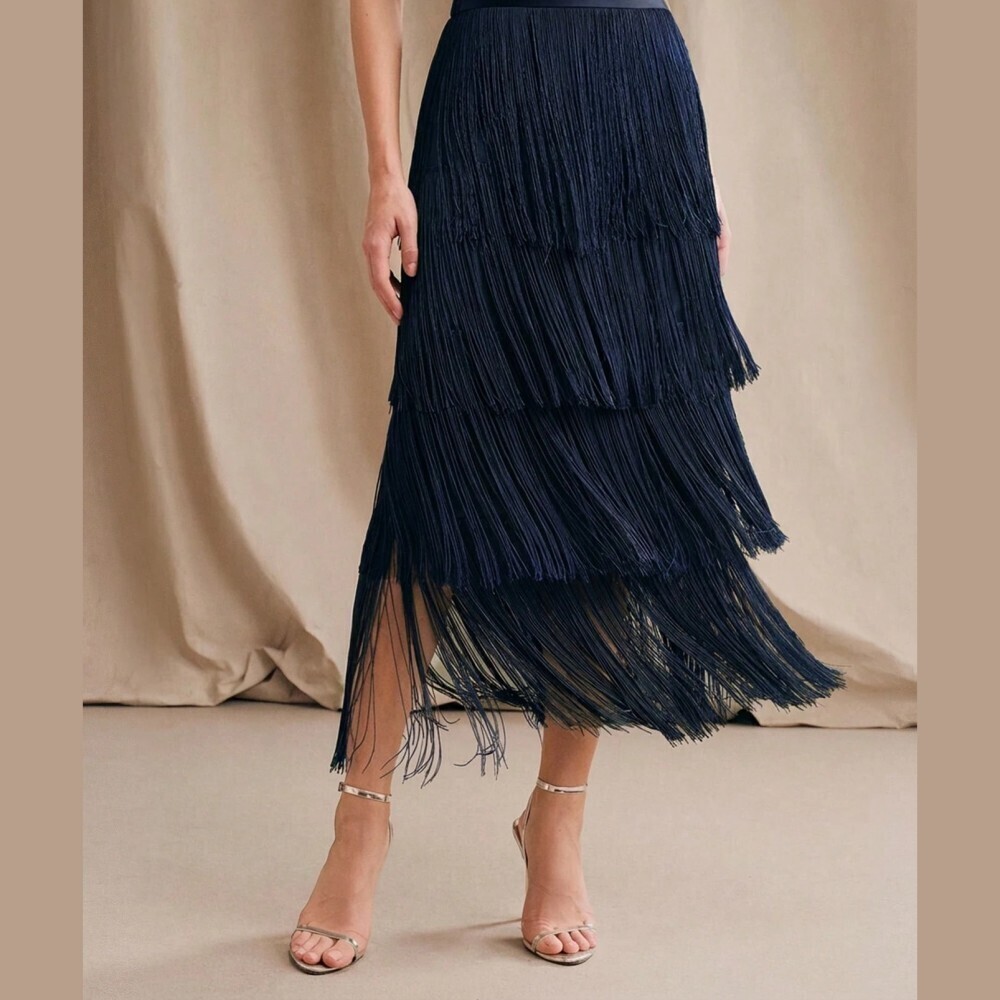 Navy Fringe Tiered Satin Skirt Long